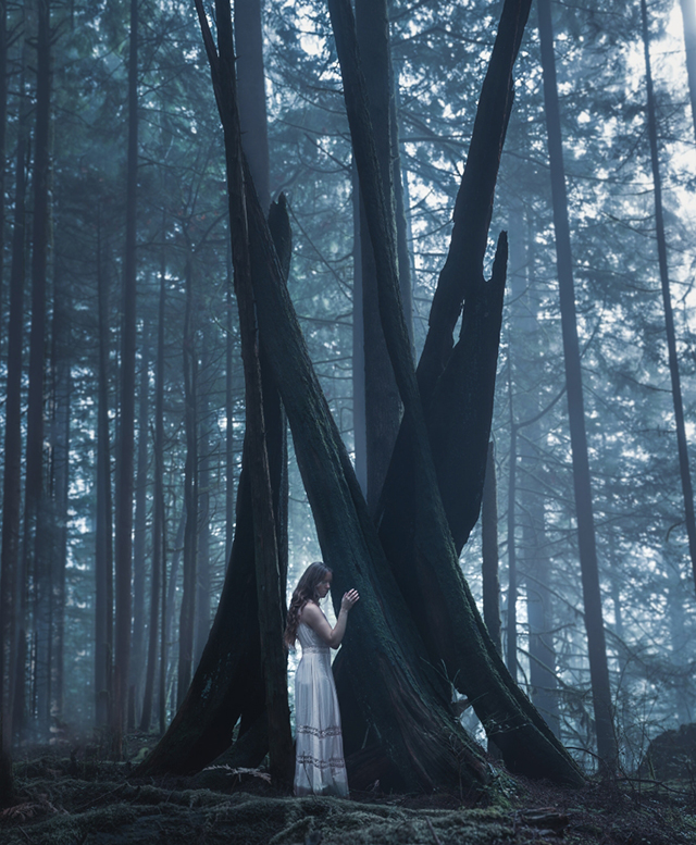 Woman and dark trees